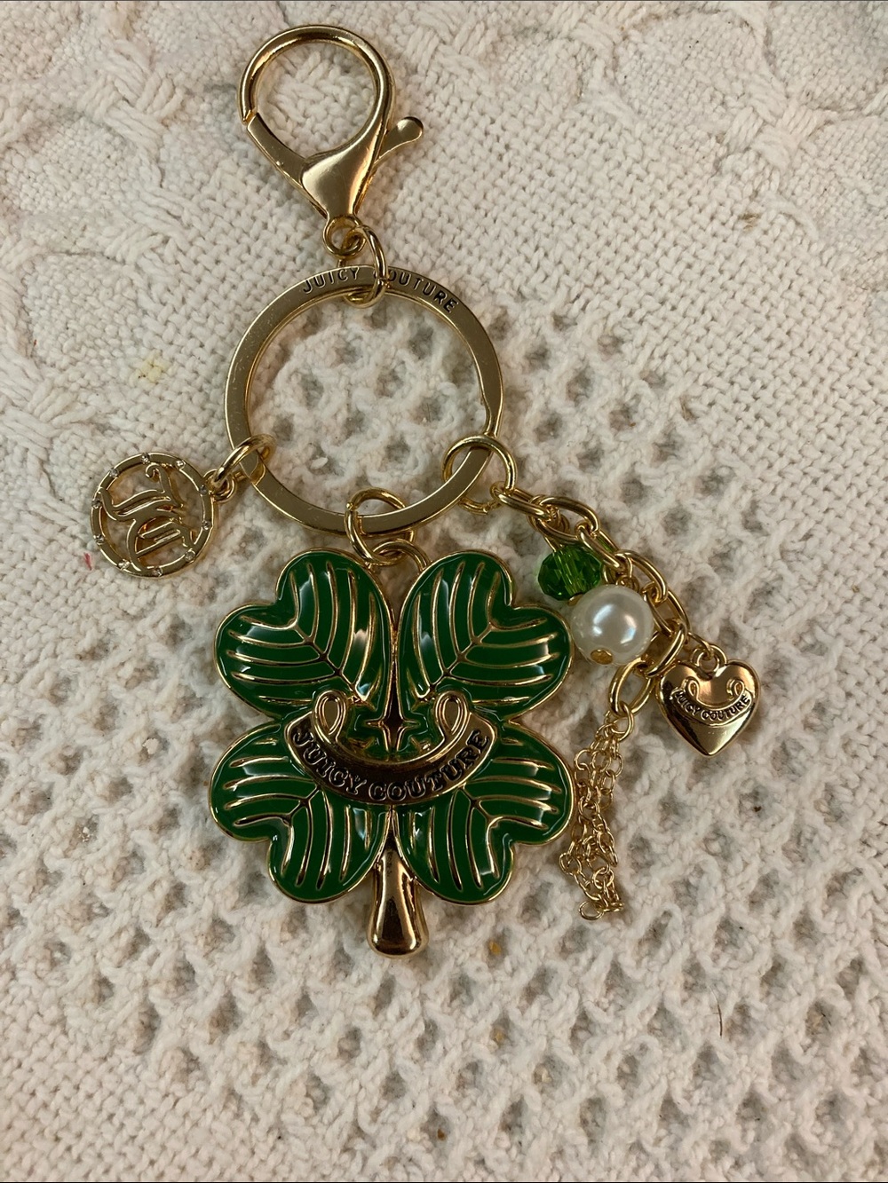 Rare Juicy Couture NWOT Green Enamel Four-Leaf Clover Keychain with Gold Accents